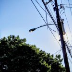 low-angle-view-electricity-pylon-trees-against-clear-blue-sky